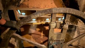 A view of swift boxes in situ in the Church tower