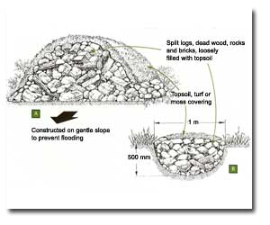 Diagram of slow worm hibernaculum showing pile of logs and dead wood covered with topsoil in a mound shape