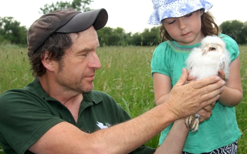 Adult showing child a ringed young barn owl